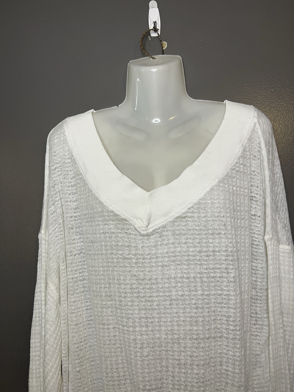 We The Free Blouse Womens Small White Waffle Knit V Neck Balloon Sleeve Top